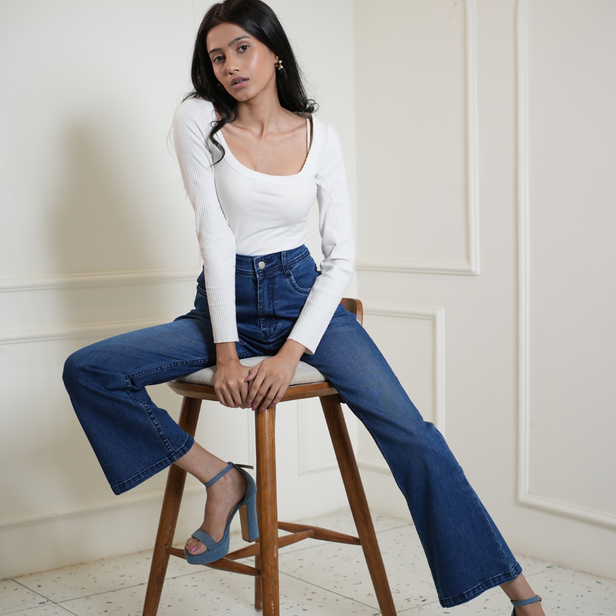 High-waist Whiskered Flared Jeans in Medium Wash